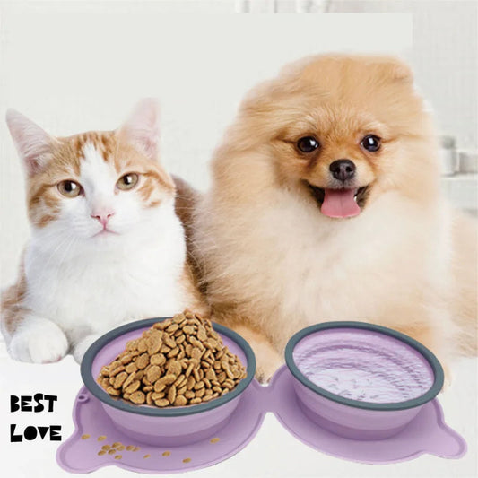 Non-Slip Portable Pet Bowls | Foldable Silicone Double Feeder for Dog & Cat Travel